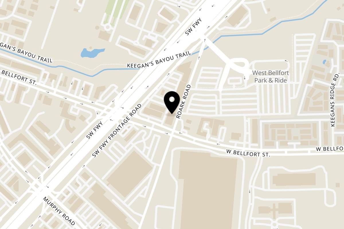 Map showing the location of Mikki's Soul Food Cafe West Bellfort Avenue on 10500 W Bellfort Ave #100 in Houston