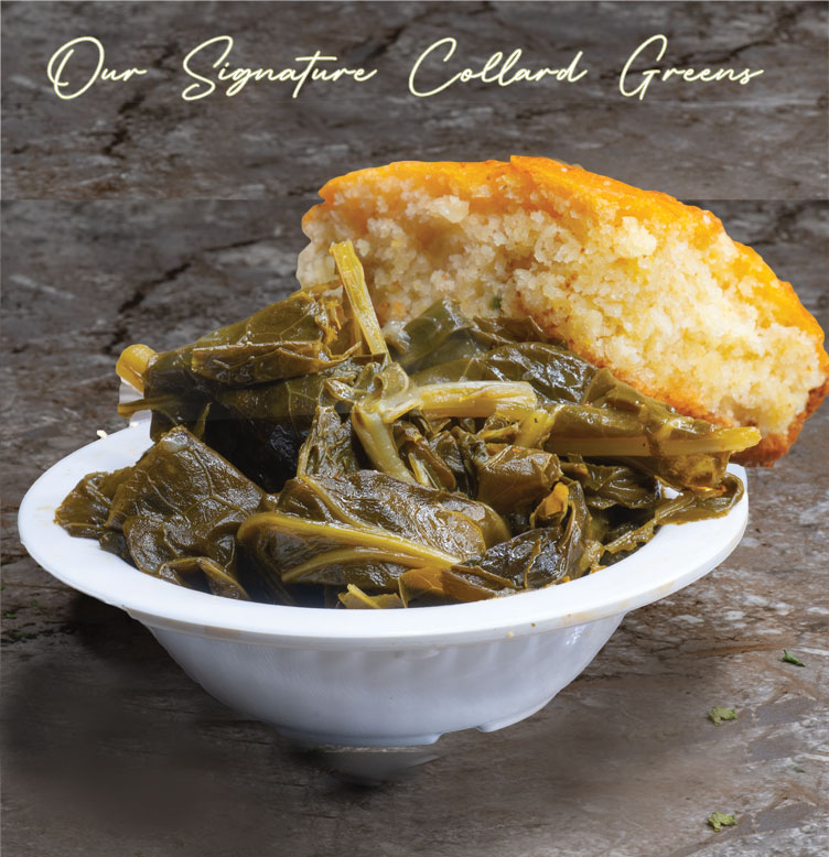 A tempting bowl of collard greens, a cherished offering from our authentic soul food menu, showcasing tender and flavorful greens simmered to perfection.
